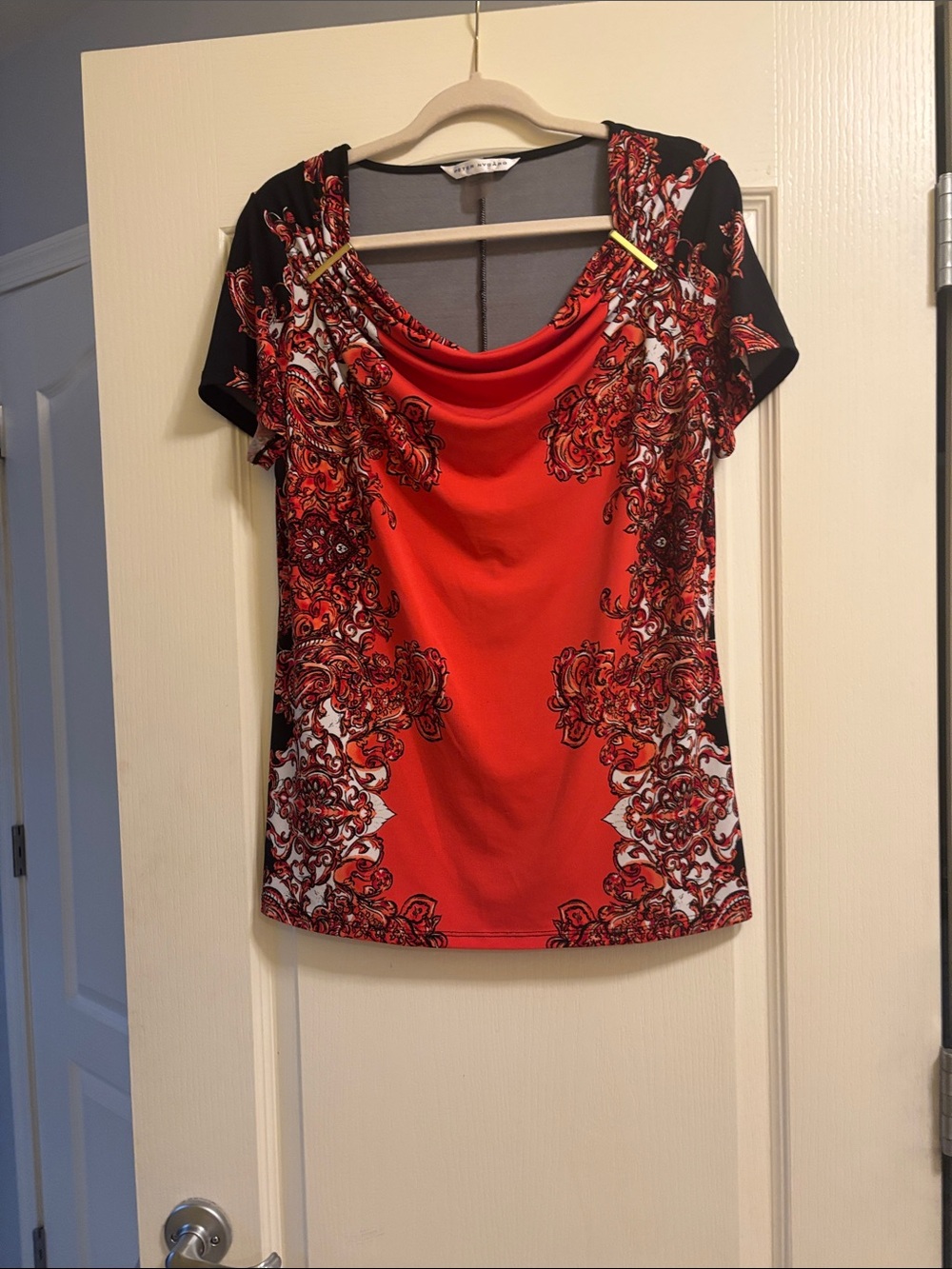 Peter Nygard Red Cowl Neck Short Sleeve Top with Black & White Floral Accents